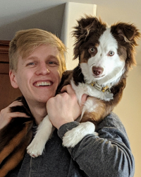 Andy Goldschmidt and his mini Australian shepherd, Susie.